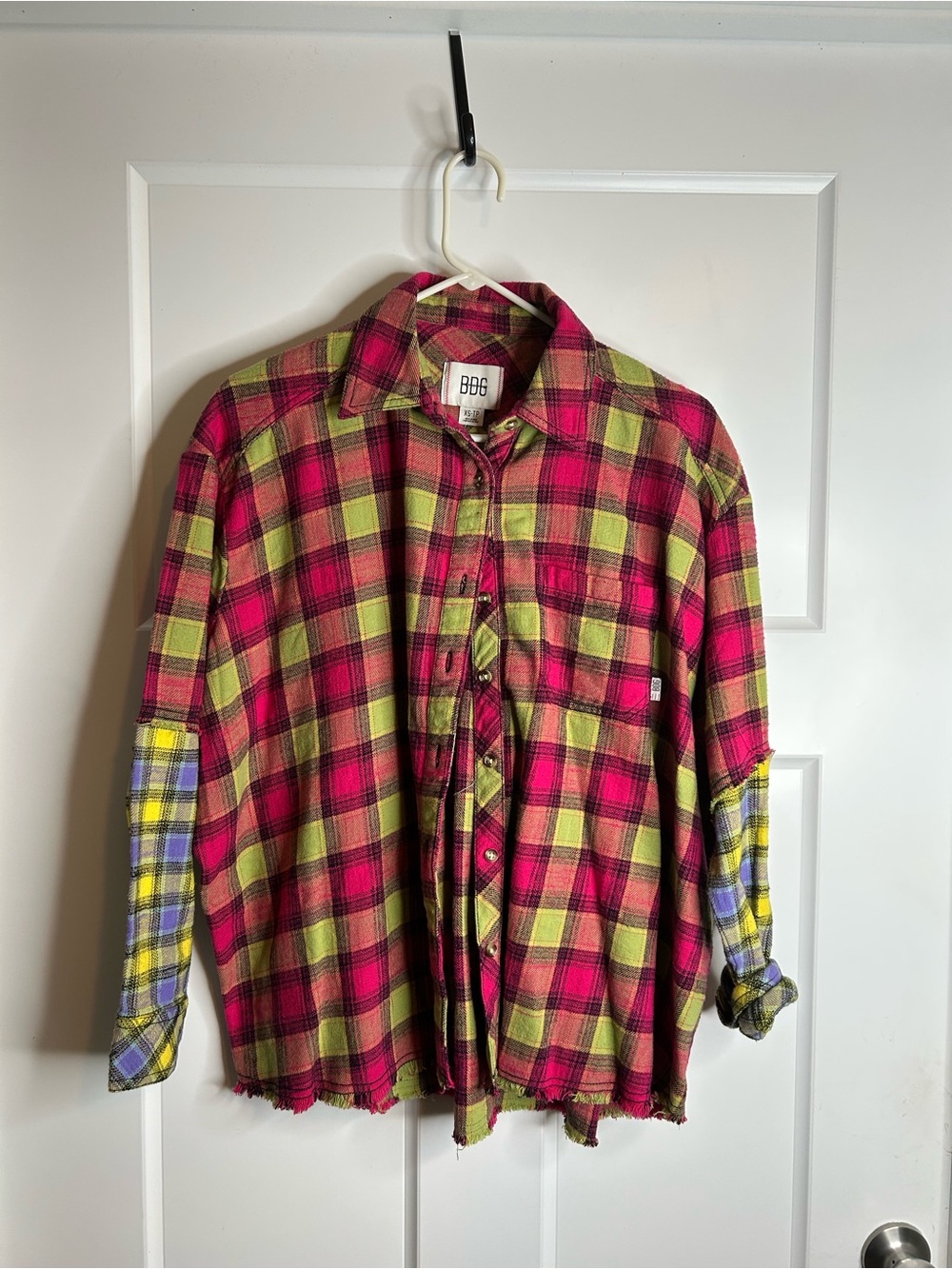 BDG Women’s XS Long Sleeve Patchwork Flannel Raw Hem Button Up Boho Indie 2021